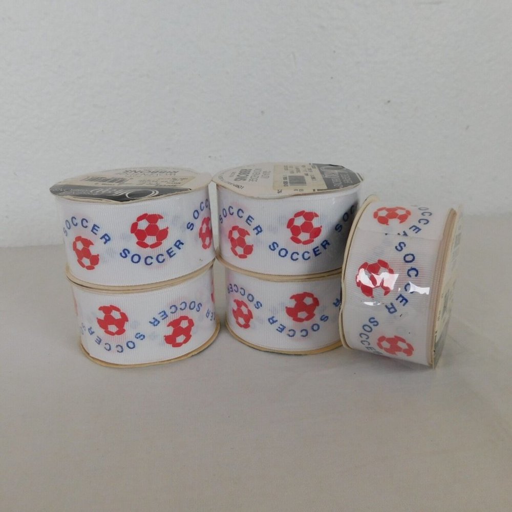5 Soccer Pattern White Grosgrain Ribbon Offray 1.5" Wide x 9 Ft Ea Sports Bows
